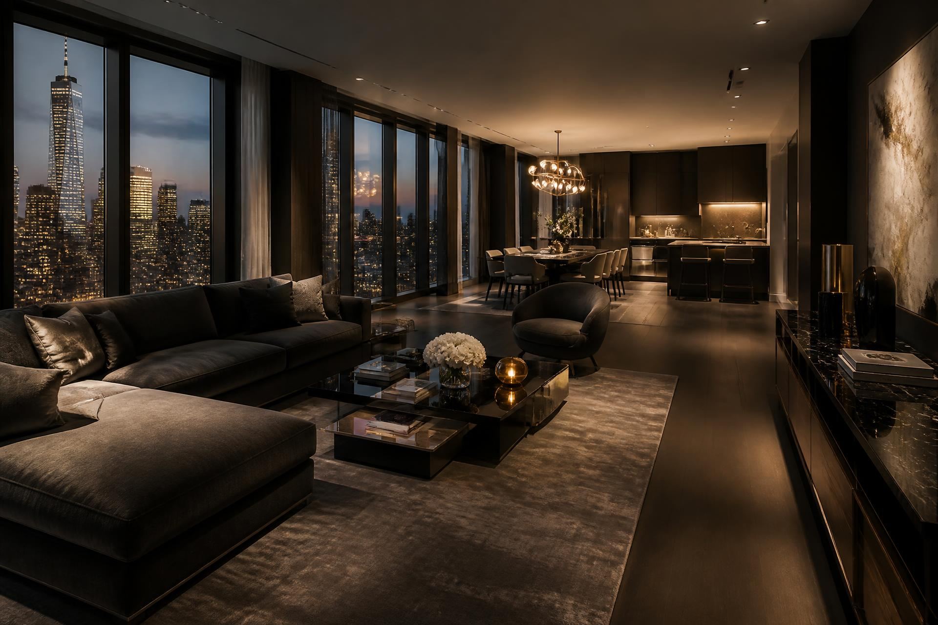 Interior apartemen premium GUMIR Haven dengan pemandangan kota di malam hari