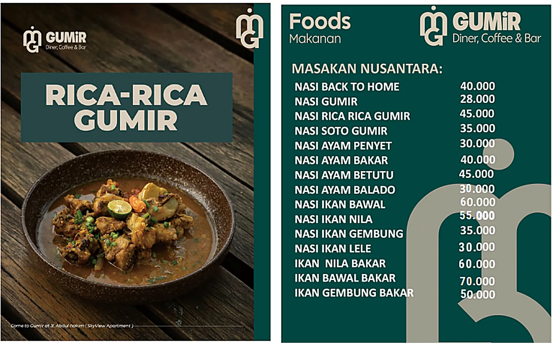 Menu GUMIR Diner — Masakan Nusantara