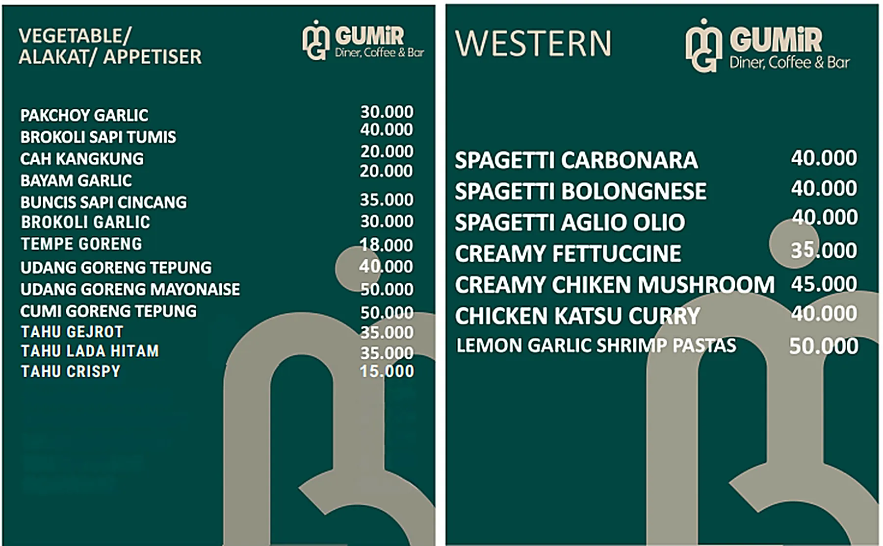 Menu GUMIR Diner — Vegetable & Western